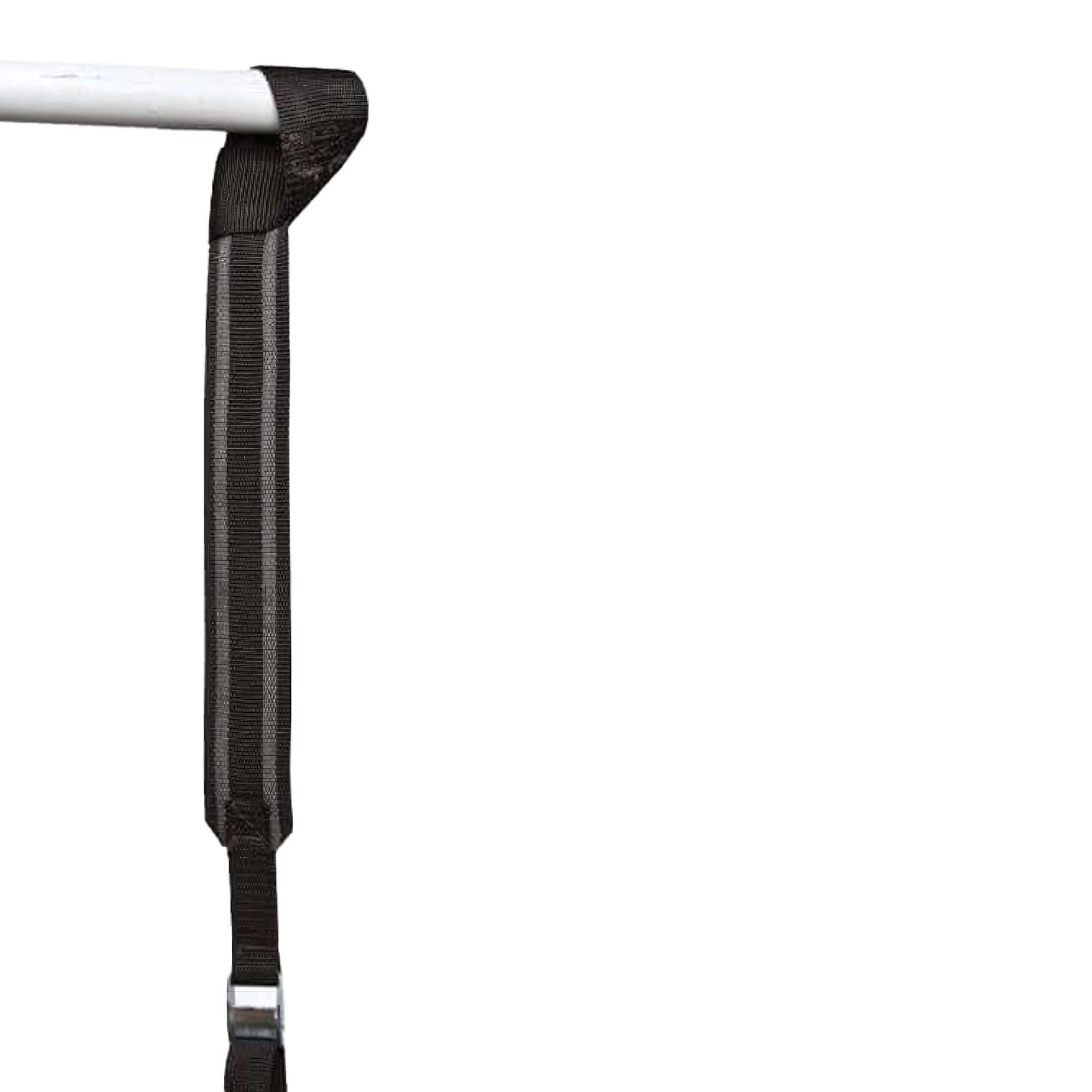 The GRIP FREAK Universal Suspension Strap System for forearm workout tools is a black strap that wraps around a white horizontal bar and secures with velcro.