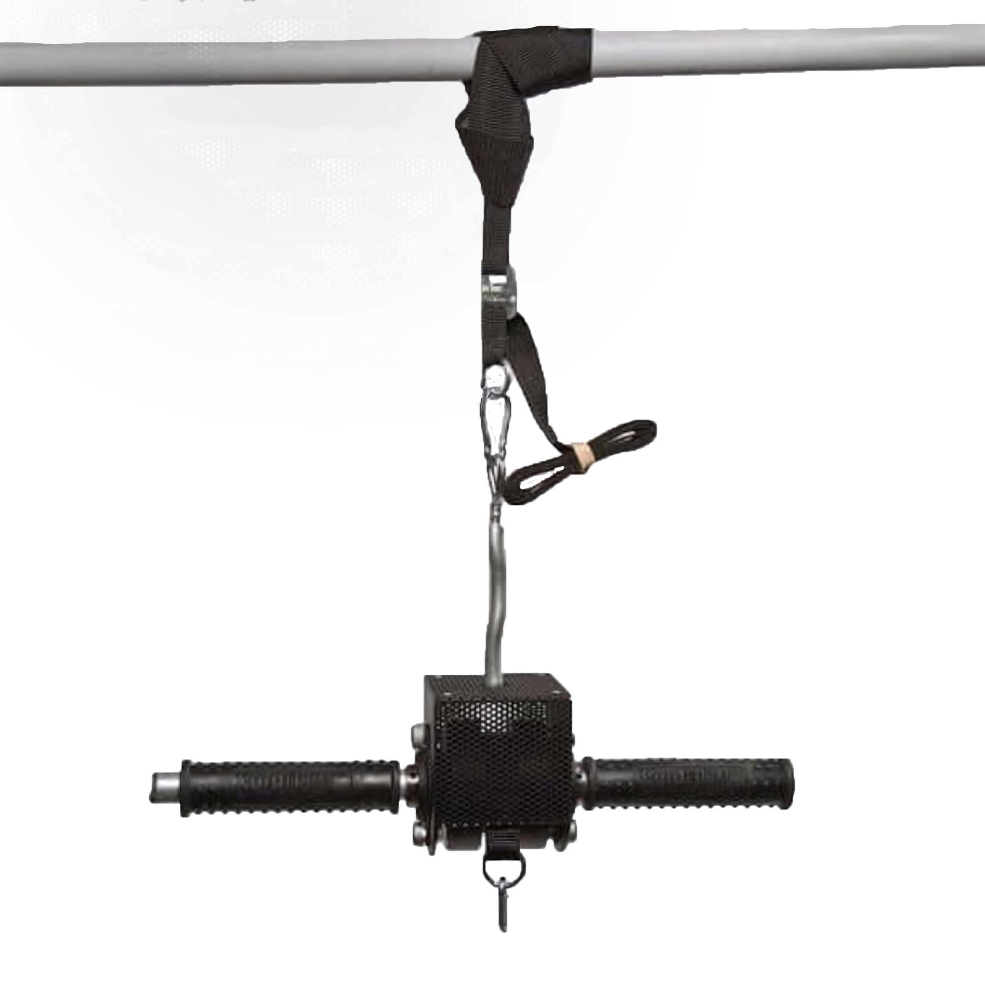 The GRIP FREAK Universal Suspension Strap System hangs from a metal bar, making it ideal for grip training and forearm strength exercises with wrist roller devices.