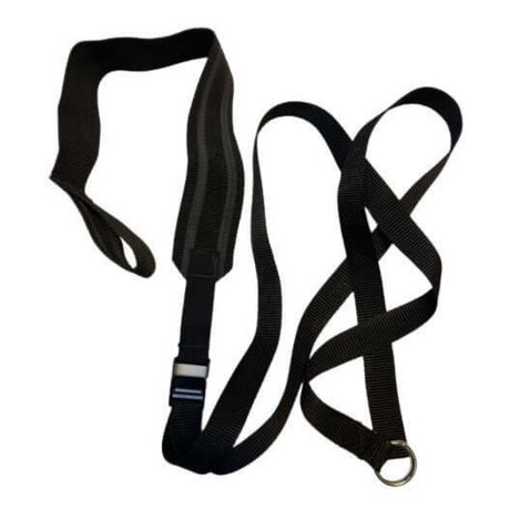 Black dog leash with a GRIP FREAK Universal Suspension Strap System, featuring a metal ring and a plastic buckle on a white background.