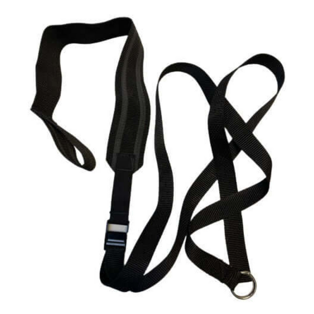 Black dog leash with a GRIP FREAK Universal Suspension Strap System, featuring a metal ring and a plastic buckle on a white background.