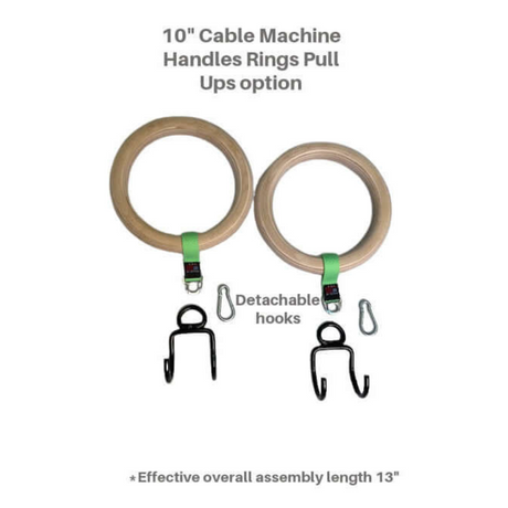 USA-made GYMNASTICS RINGS offer durable wooden grips with green straps and detachable black hooks, ideal for cable machine setups. Perfect for versatile training like pull-up bar exercises and ROMAN RINGS routines, ensuring a secure hold during workouts.