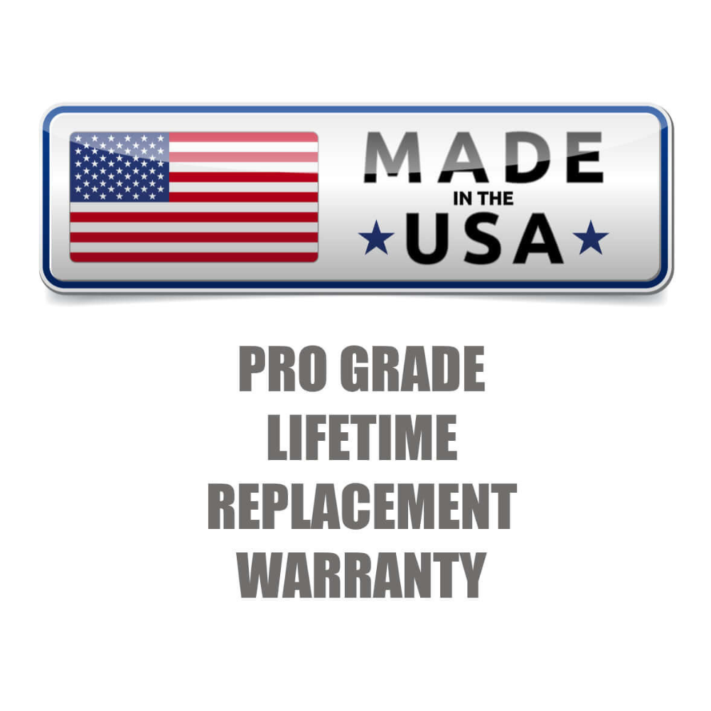 Badge with American flag, "MADE IN THE USA," and text: "Pro Grade Lifetime Replacement Warranty." Features GYMNASTICS RINGS Pull up Handles for Commercial Grade USA Made quality, ensuring ultimate durability and performance.