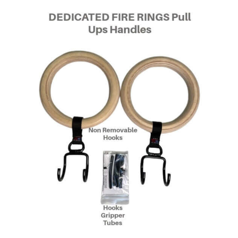 Two commercial-grade GYMNASTICS RINGS, made in the USA, feature hooks and gripper tubes for pull-ups.