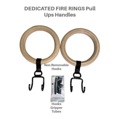 Two commercial-grade GYMNASTICS RINGS, made in the USA, feature hooks and gripper tubes for pull-ups.
