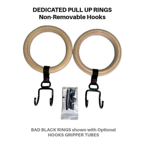 Introducing our GYMNASTICS RINGS Pull Up Handles, made in the USA from high-quality wood with non-removable hooks. These commercial-grade rings come with optional hook gripper tubes for improved performance and durability.