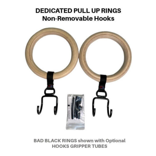 Introducing our GYMNASTICS RINGS Pull Up Handles, made in the USA from high-quality wood with non-removable hooks. These commercial-grade rings come with optional hook gripper tubes for improved performance and durability.