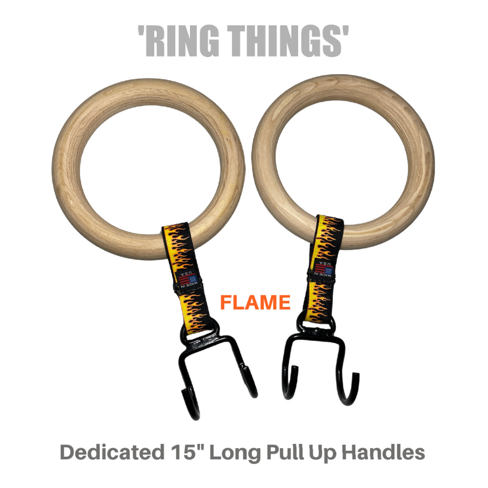 The GYMNASTICS RINGS Pull Up Handles are USA-made, commercial-grade wooden rings with black straps and hooks, labeled "RING THINGS" and "15" Long Pull Up Handles," providing durability for intense workouts.