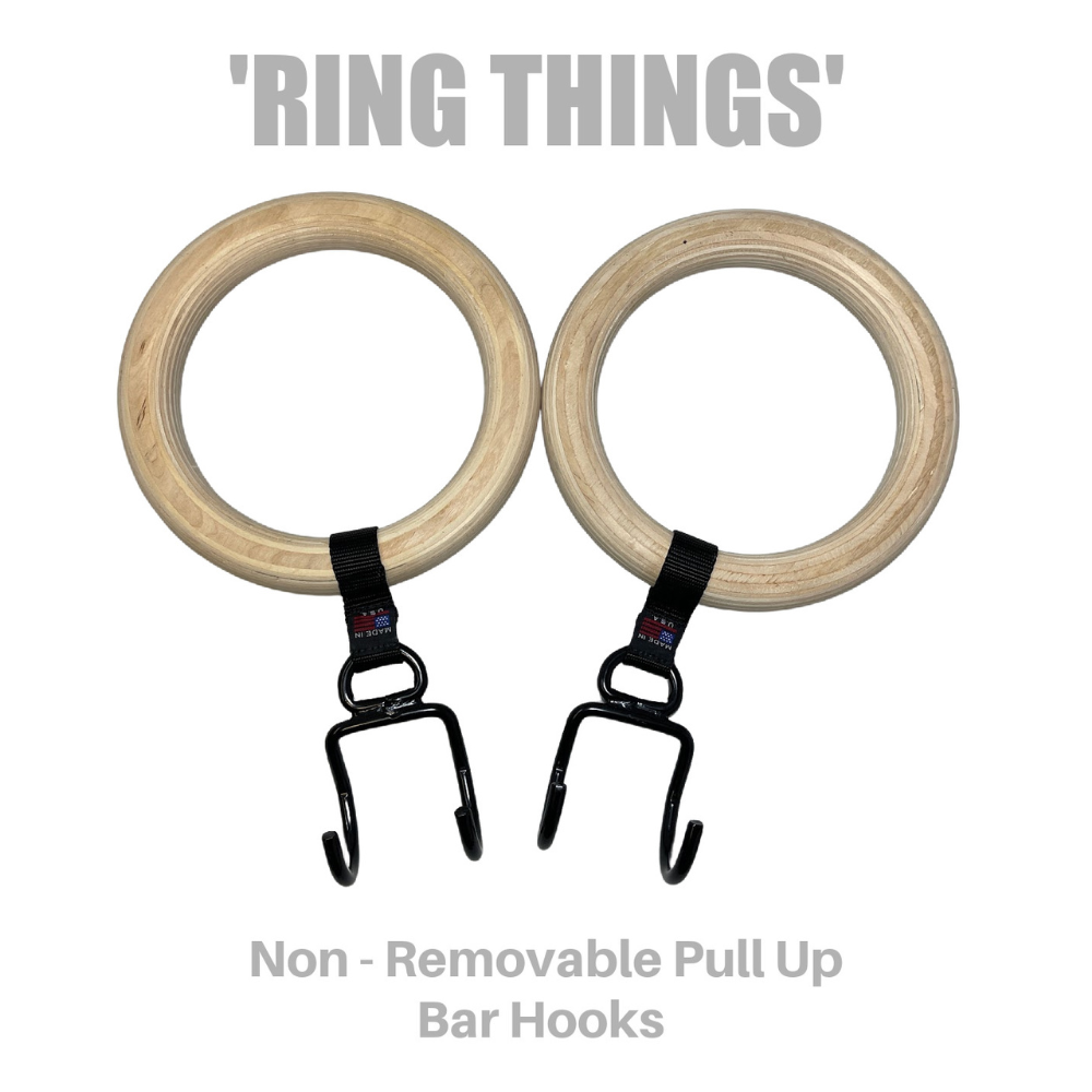Crafted in the USA, the commercial-grade GYMNASTICS RINGS Pull Up Handles are showcased on a pristine white background, blending functionality with aesthetic appeal for your fitness needs.
