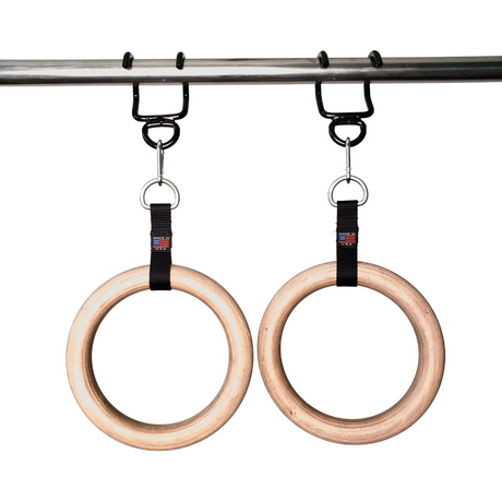 Sturdy and durable GYMNASTICS RINGS Pull up Handles, crafted from high-quality wood with black straps, hang easily from a pull-up bar. These commercial-grade grips are made in the USA and built to last.