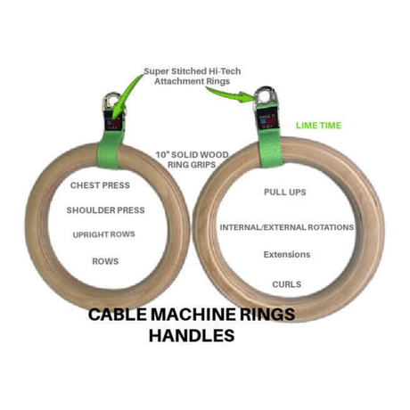 The GYMNASTICS RINGS Pull up Handles Roman Ring Pull Up Grips feature wooden cable machine handles with green attachments, ideal for pull-ups and shoulder presses. Made in the USA with commercial-grade quality, they ensure durability for every workout.