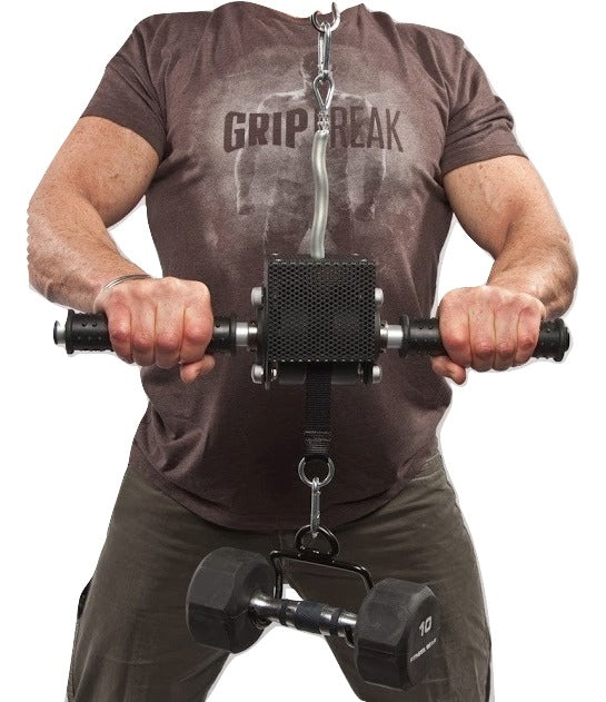 Man training forearms with the GRIP FREAK 'Slip Grip' Brutal Hand Grip Strengthener & Weight Plate Holder plus Dumbbell Hook for an intense grip workout.