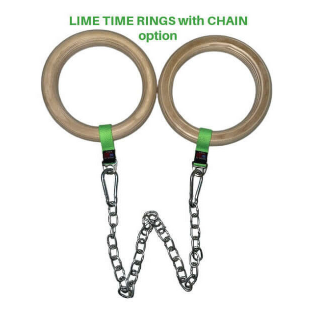 Two gymnastic rings connect by chains with green straps above. Text: "LIME TIME CABLE MACHINE HANDLES for ROMAN RING WORKOUT.