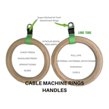 Upgrade your gym rings routine with this pair of Gymnastic Rings Cable Machine Handles, featuring labeled attachment points and exercise suggestions for versatile Roman ring workouts.