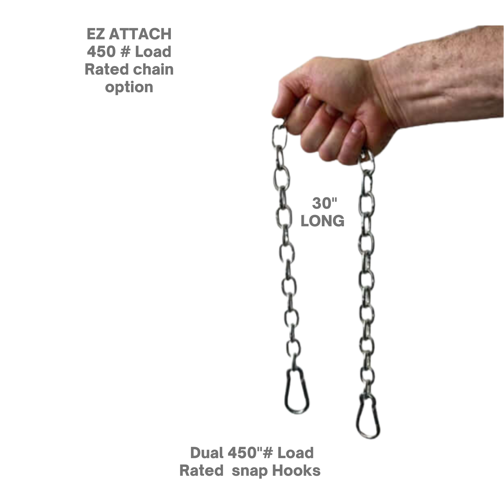 A hand holds two Gymnastic Rings Cable Machine Handles for Roman Ring Workout; text highlights a pair of gym rings with snap hooks and chain specs, featuring a 30-inch length—ideal for attaching to cable machines.
