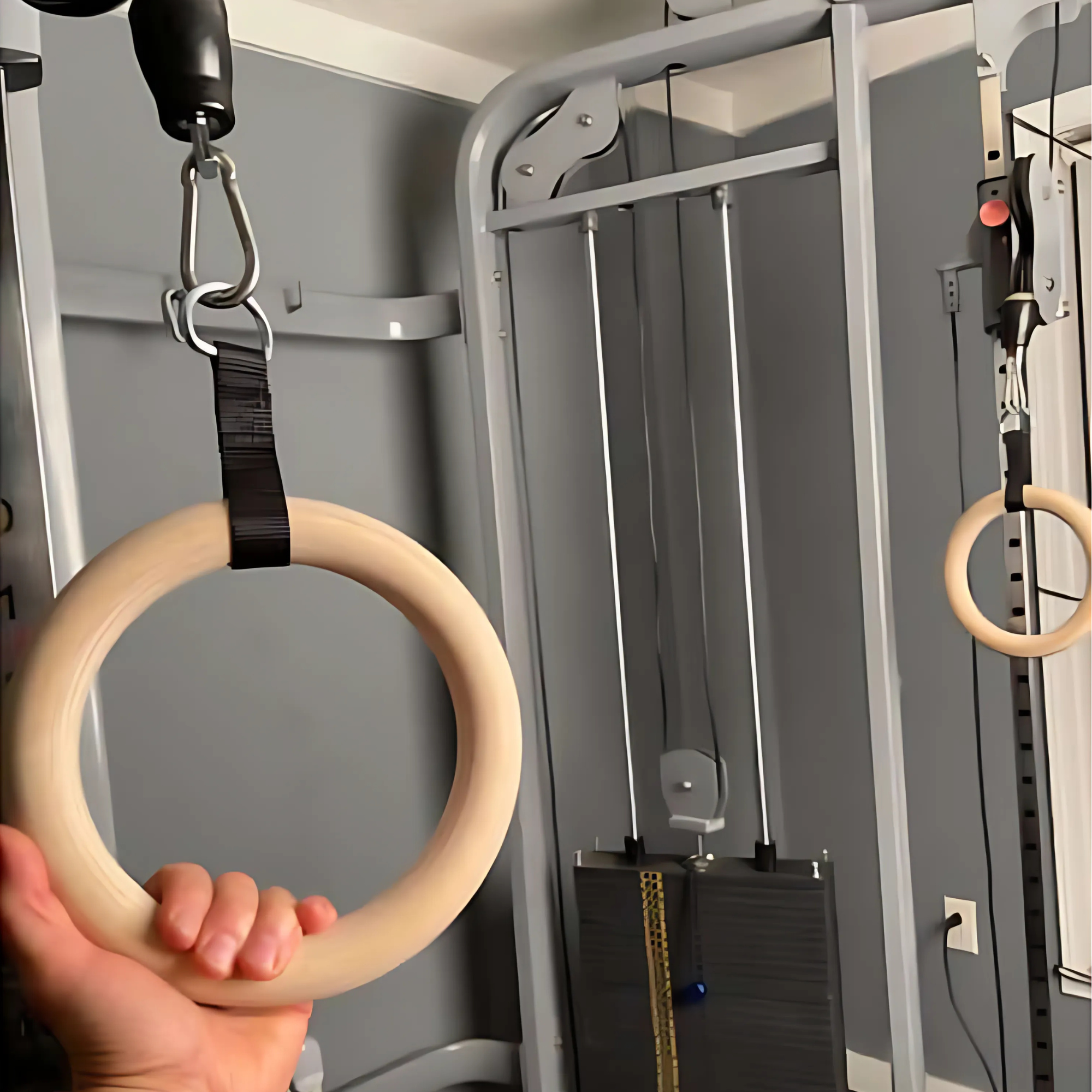 A hand grips the Gymnastic Rings Cable Machine Handles for Roman Ring Workout—pair of gym rings—in a home gym with weight equipment and cable machine handles in the background.
