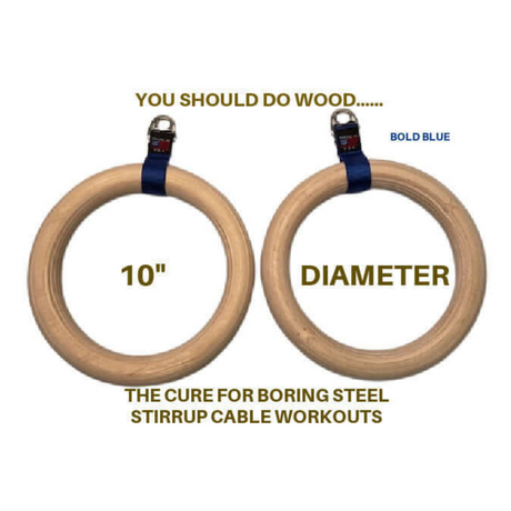 Two wooden gymnastic rings with the text: "You should do wood... 10" Diameter." Ideal for replacing monotonous steel cable machine handles in your Roman Ring workout.