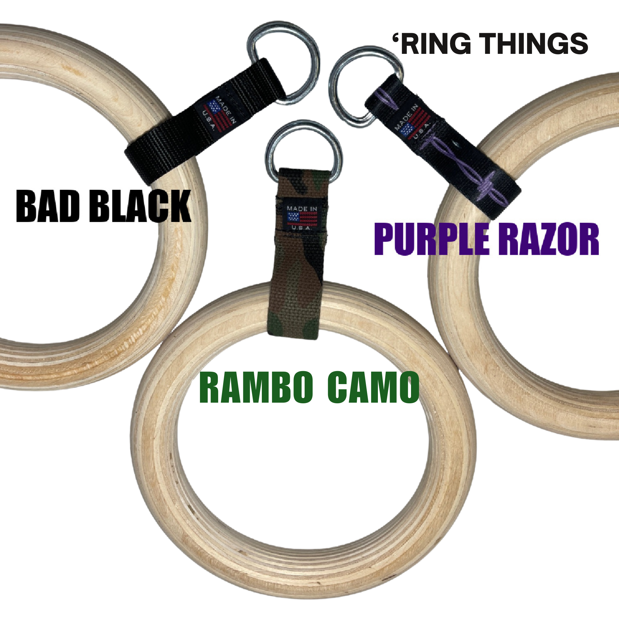 Three Gymnastic Rings Cable Machine Handles for Roman Ring Workouts, in Bad Black, Purple Razor, and Rambo Camo—ideal for adding style and strength to your gym.