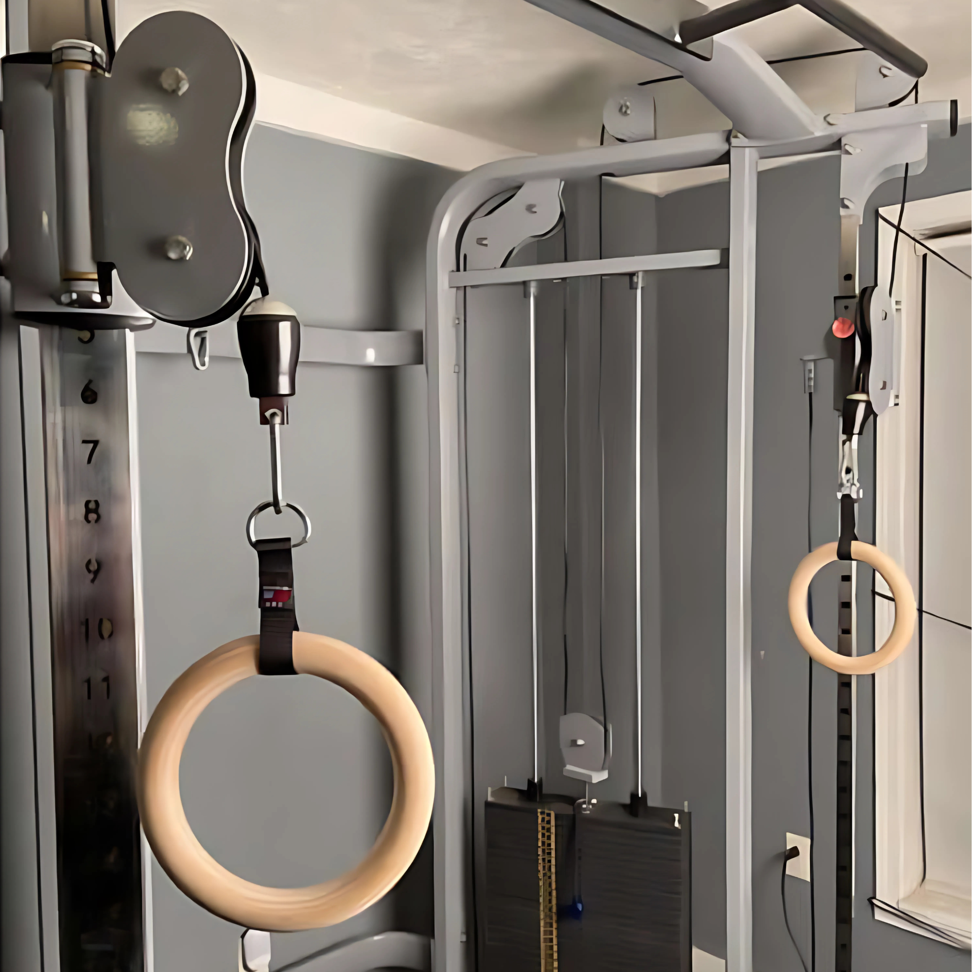 Gymnastic Rings Cable Machine Handles for Roman Ring Workout replace standard cable machine handles in a home gym, offering versatile workouts with this pair of gym rings.