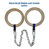 A pair of Gymnastic Rings Cable Machine Handles for Roman Ring Workout, with two birch wood gym rings joined by blue straps and a metal chain, set against a black background.