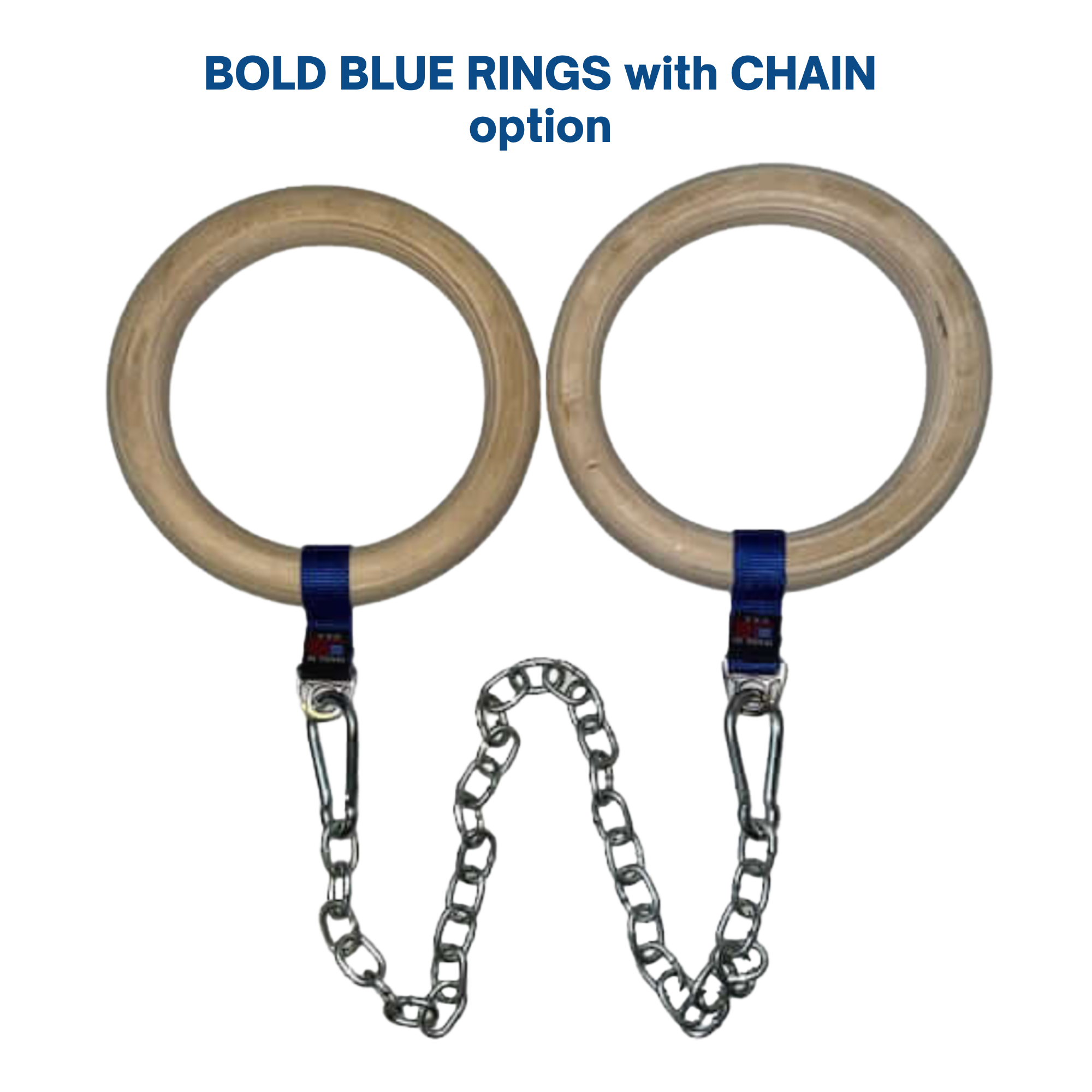 A pair of Gymnastic Rings Cable Machine Handles for Roman Ring Workout, with two birch wood gym rings joined by blue straps and a metal chain, set against a black background.