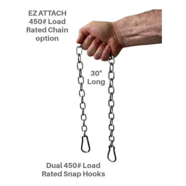 A hand holds a 30-inch chain with dual snap hooks supporting up to 450 pounds. This essential accessory, used with Gymnastic Rings Cable Machine Handles for Roman Ring Workout, easily connects to cable machine handles or gym rings for versatile exercise options.