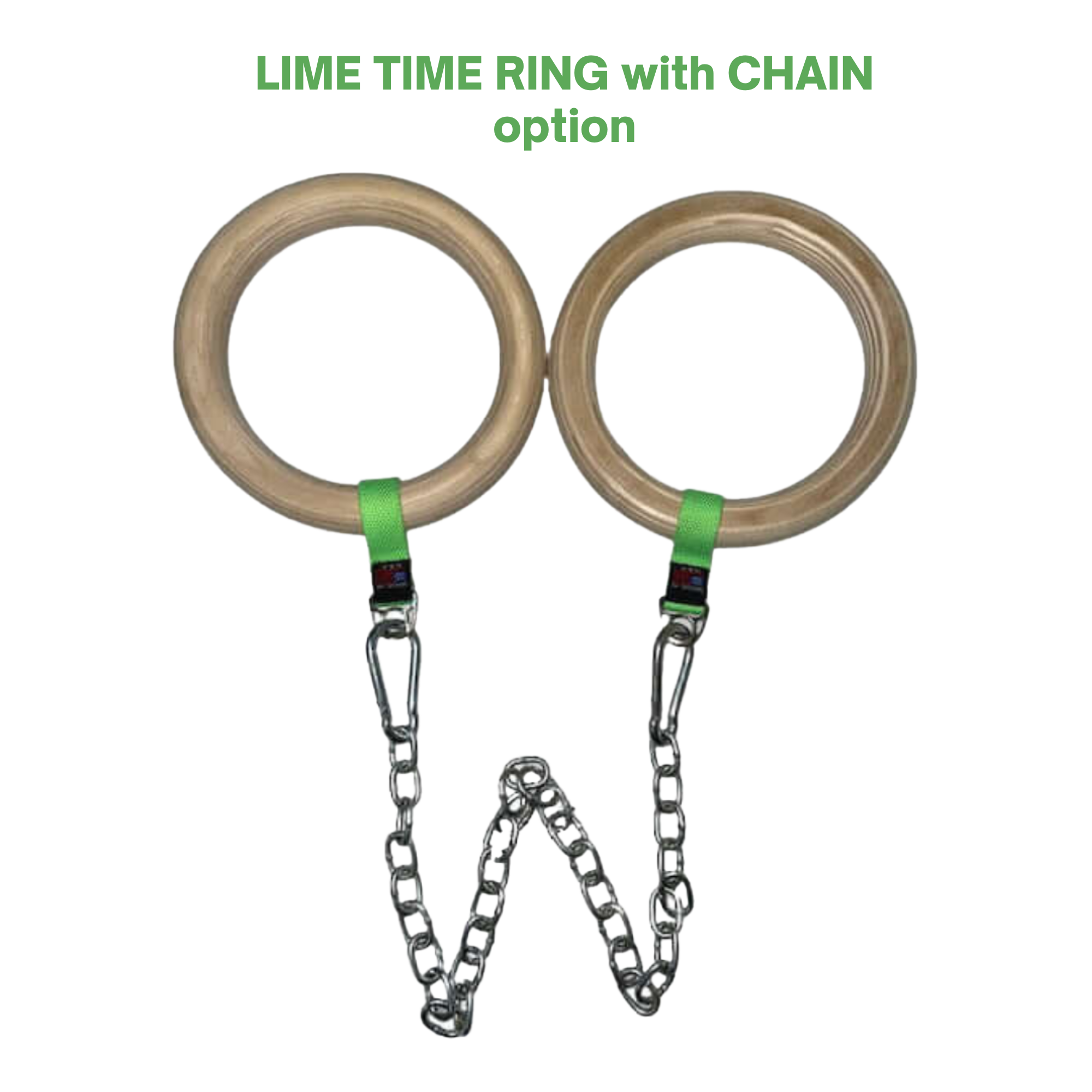 Pair of Gymnastic Rings Cable Machine Handles for Roman Ring Workout—two birch wood rings with green straps and metal chains. Ideal as versatile gym rings or unique cable machine handles for strength training.