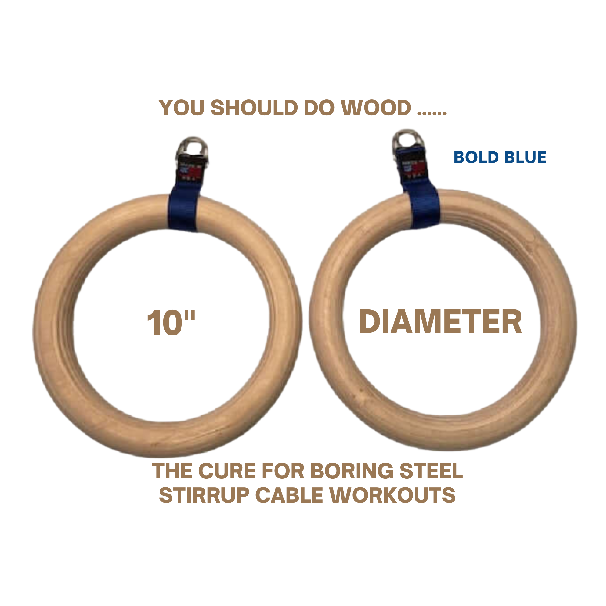 A pair of Gymnastic Rings Cable Machine Handles for Roman Ring Workout, featuring durable straps and 10" wood rings. Shown on a black background with bold text—ideal as gym rings or versatile cable machine handles for workouts.