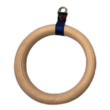 The Gymnastic Rings Cable Machine Handle for Roman Ring Workout is a single gym ring made of solid birch wood with a black strap and metal buckle attached at the top.