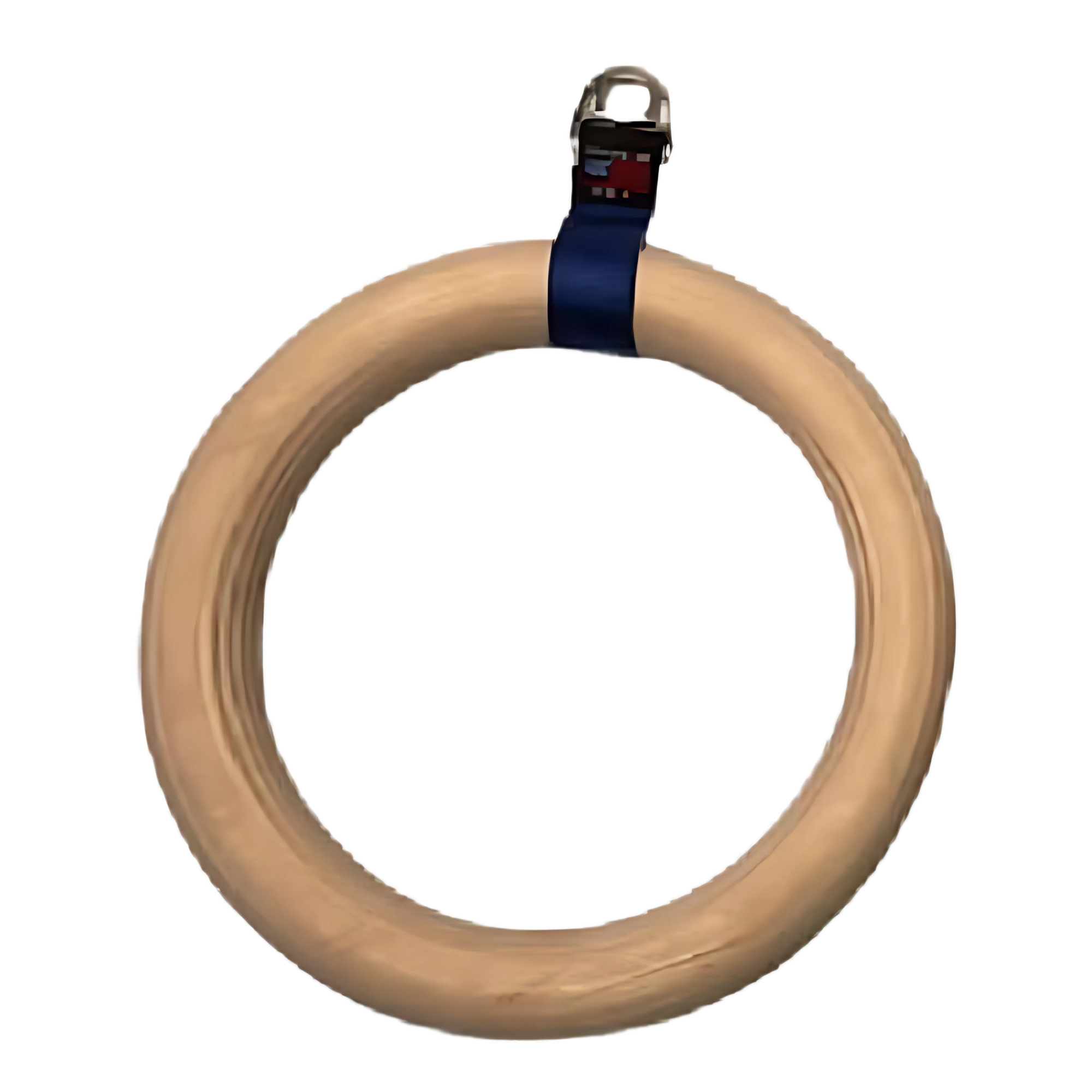 The Gymnastic Rings Cable Machine Handle for Roman Ring Workout is a single gym ring made of solid birch wood with a black strap and metal buckle attached at the top.