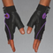 Hands wearing HAULIN HOOKS GLOVES 'Womens', black fingerless gloves with purple trim, stand out against a gray background. Designed for workout enthusiasts, they offer machine washable padded protection, merging style and practicality for any fitness routine.
