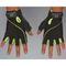 Hands wearing HAULIN HOOKS GLOVES 'Womens' in black and neon green, featuring a fingerless design with adjustable straps for padded protection. These gloves are machine washable for easy maintenance.
