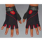 Two hands display HAULIN HOOKS GLOVES 'Womens' in black and red, featuring a fingerless design, Velcro straps, padded comfort for intense workouts, and easy machine washability.