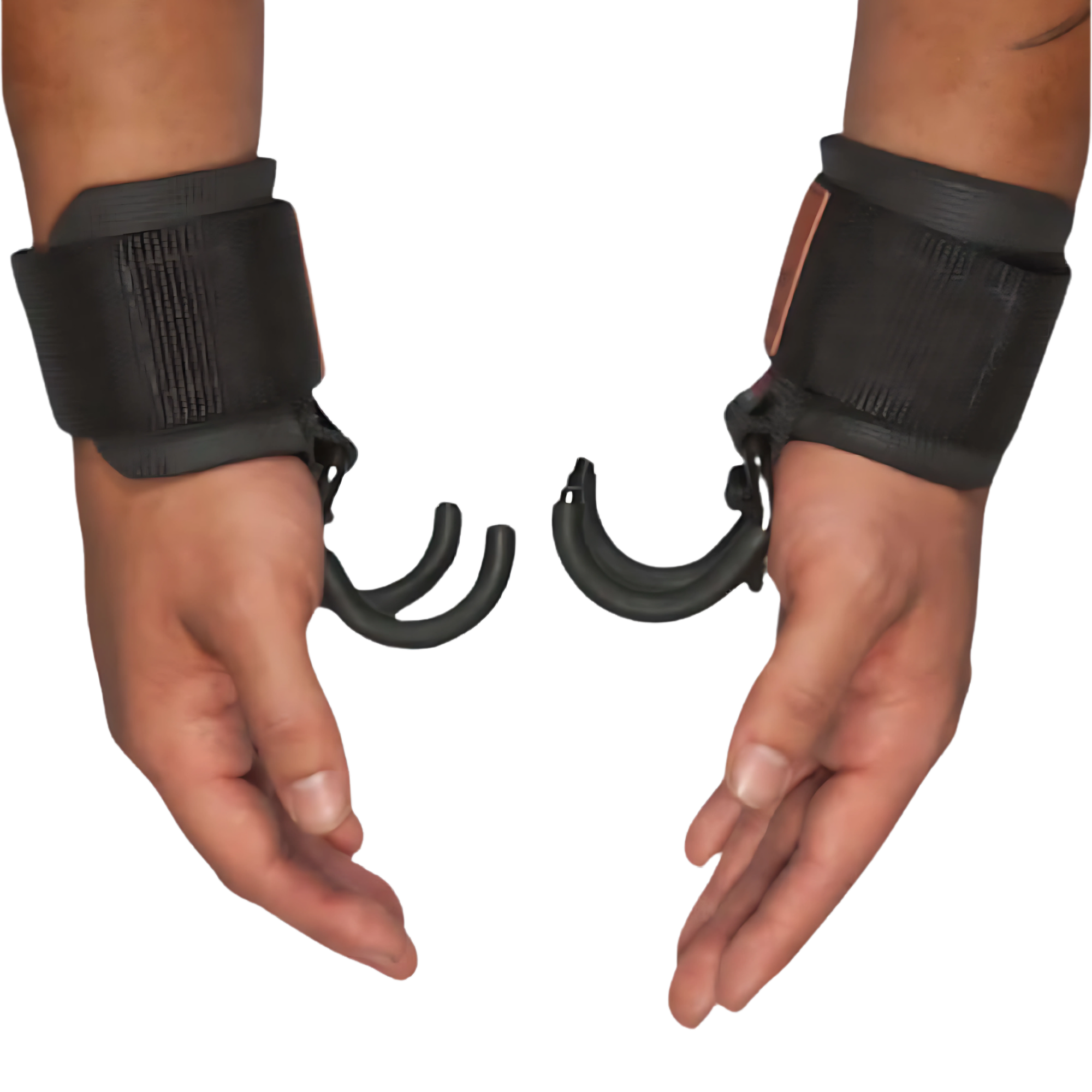 Two hands in black wrist restraints with curved hooks attached—ideal for HAULIN HOOKS 'Hanging Onlys' Weight Lifting Hooks, perfect as USA Made hanging therapy or weight lifting grips.