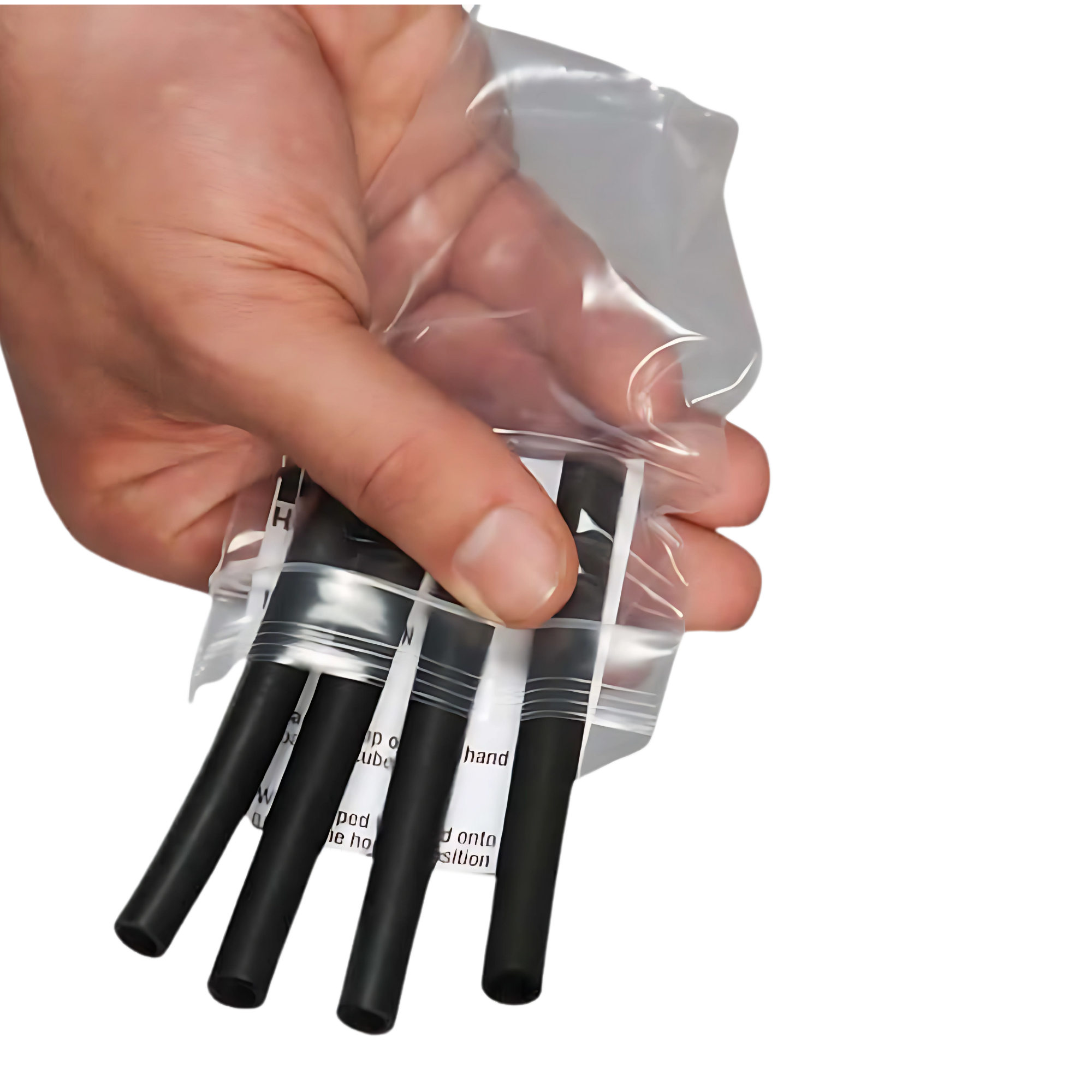 A hand holds a clear plastic bag with four black heat shrink tubes—perfect for securing HAULIN HOOKS 'Hanging Onlys' Weight Lifting Hooks. USA Made quality ensures lasting durability and reliability for your needs.