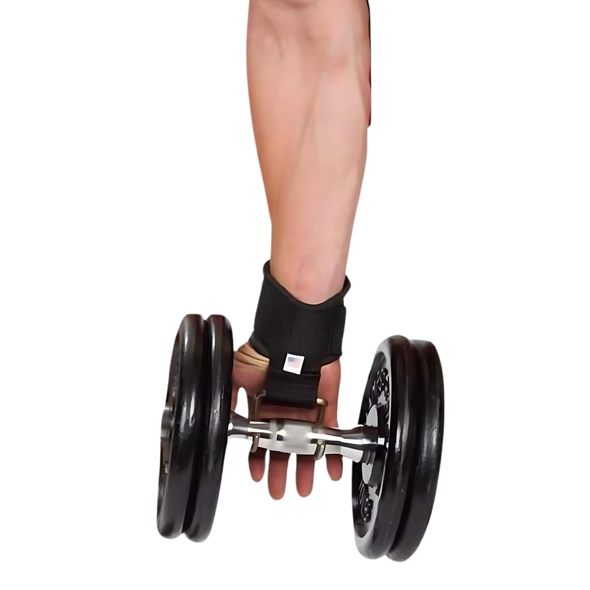 A hand gripping a dumbbell with HAULIN HOOKS 'Hanging Onlys' Weight Lifting Hooks and a black wrist support strap, isolated on a white background.
