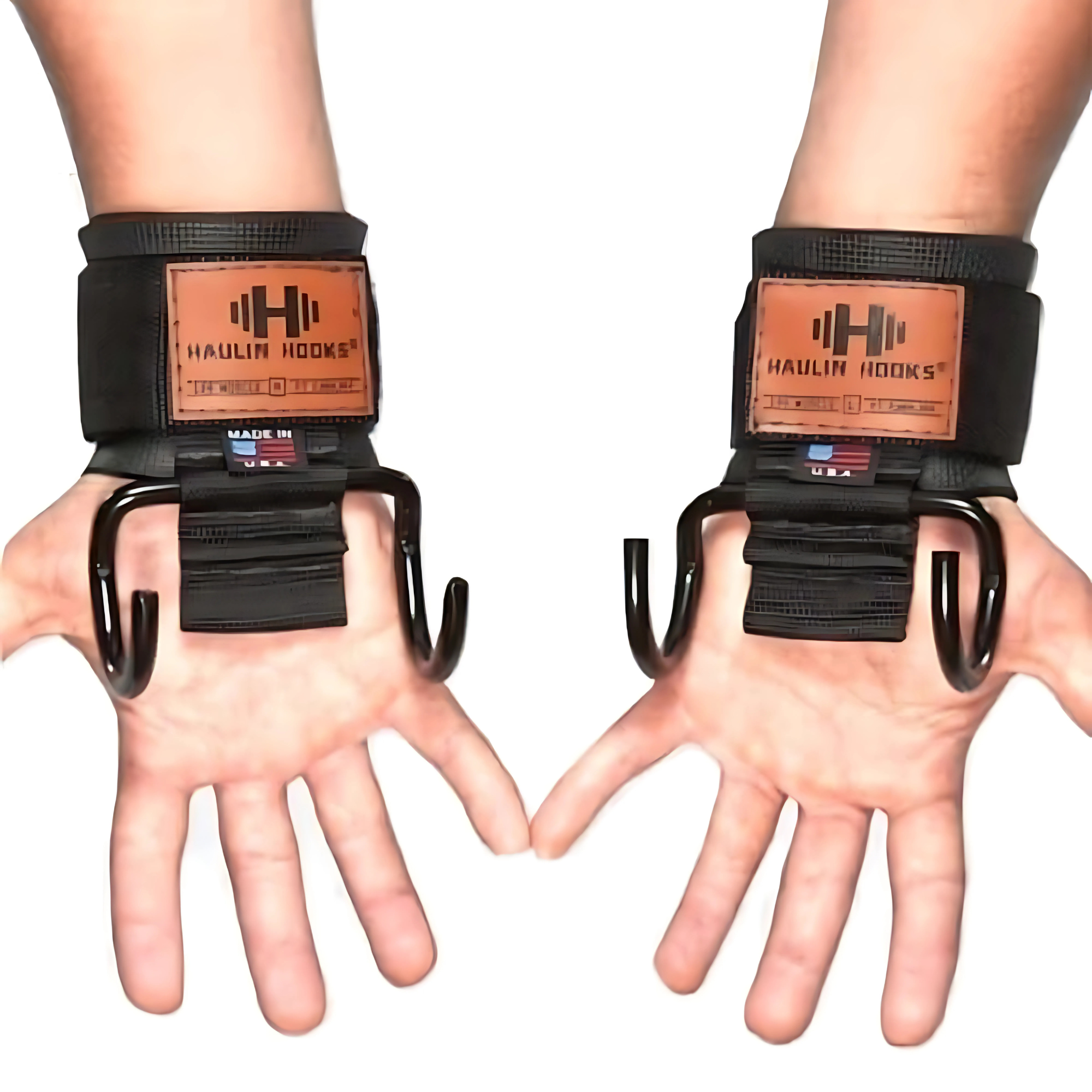 Two hands wearing black wrist straps with upward-facing metal hooks, labeled "HAULIN HOOKS 'Hanging Onlys' Weight Lifting Hooks"—premium USA-made grips for superior support.