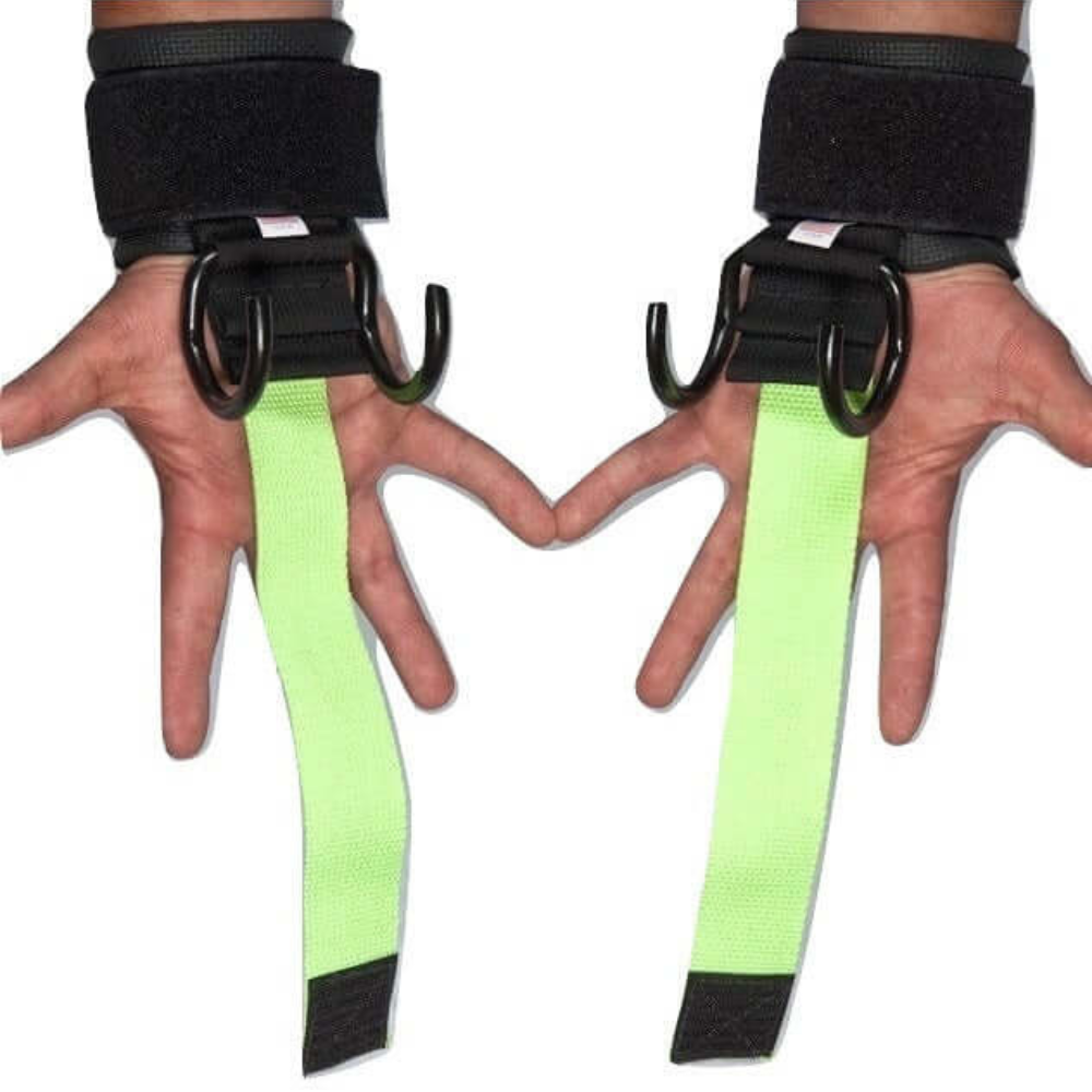 Hands wearing HAULIN HOOKS 'HARDCORE' 2 in 1 weightlifting hook straps, with green lifting hooks ideal for deadlifts.