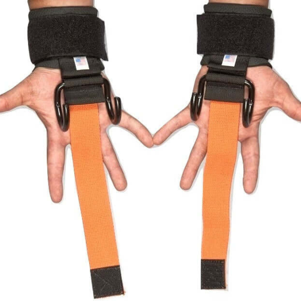 Hands equipped with HAULIN HOOKS 'HARDCORE' 2 in 1 Weightlifting Hook Straps, fingers spread apart, ready to tackle dead lifts.