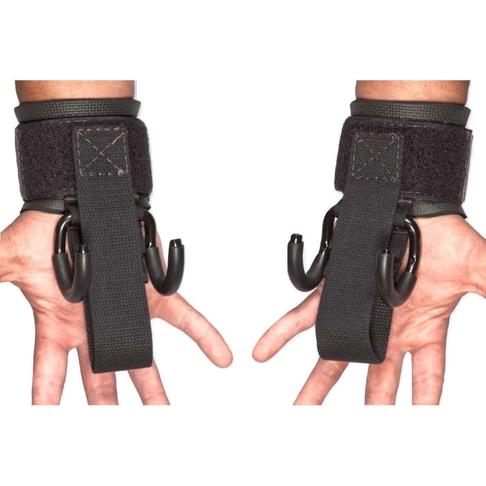 Two hands, equipped with HAULIN HOOKS 'HARDCORE' 2 in 1 Weightlifting Hook Straps Combination, palms up, poised for dead lifts.