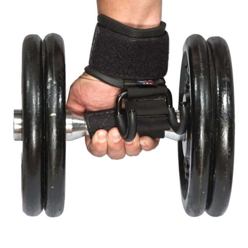 A hand grips a black dumbbell with HAULIN HOOKS 'HARDCORE' 2 in 1 Weightlifting Hook Straps, featuring a wrist support strap for optimal lift stability.