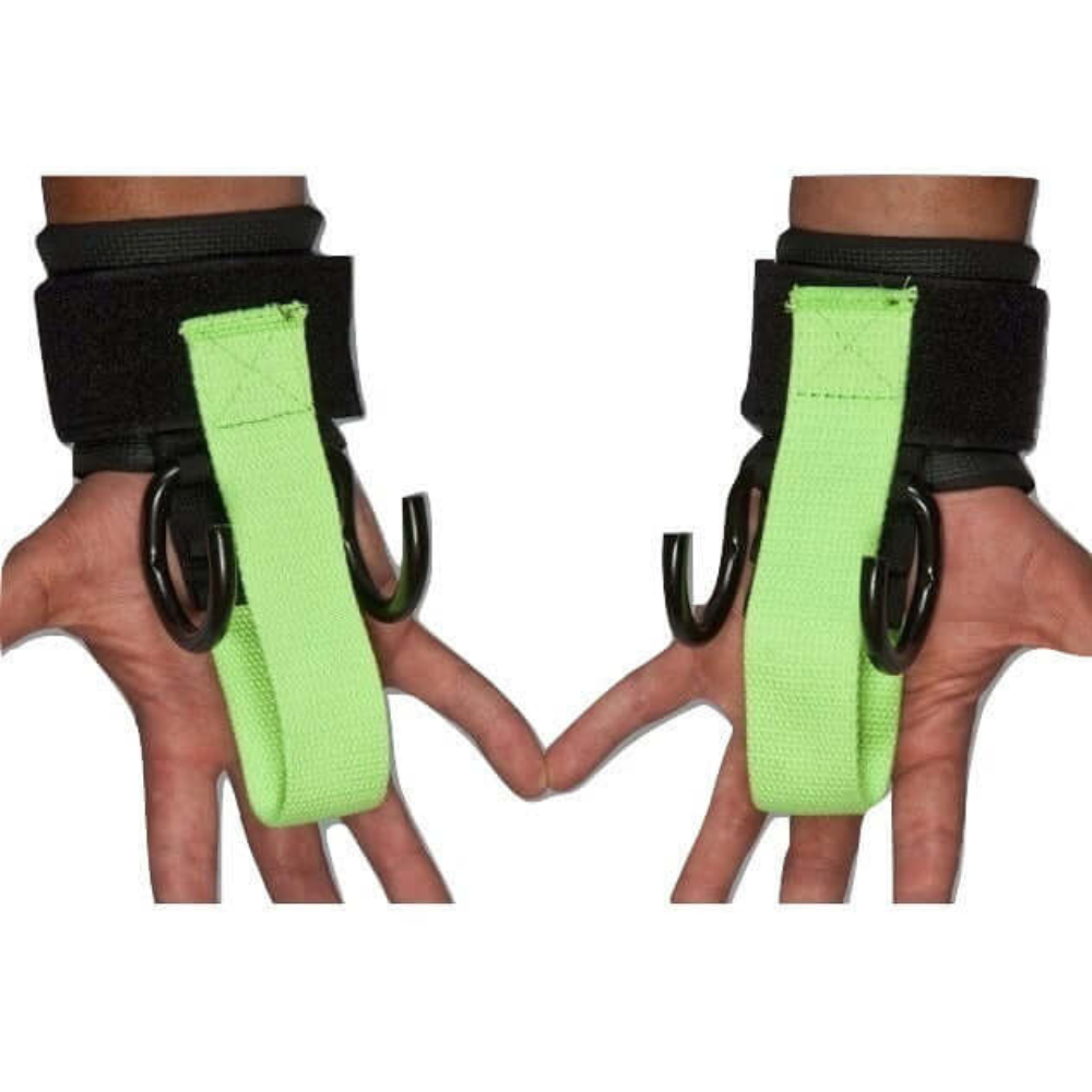 Hands equipped with `HAULIN HOOKS 'HARDCORE' 2 in 1 Weightlifting Hook Straps Combination`, featuring robust hooks beneath, ideal for deadlifts, on a white background.
