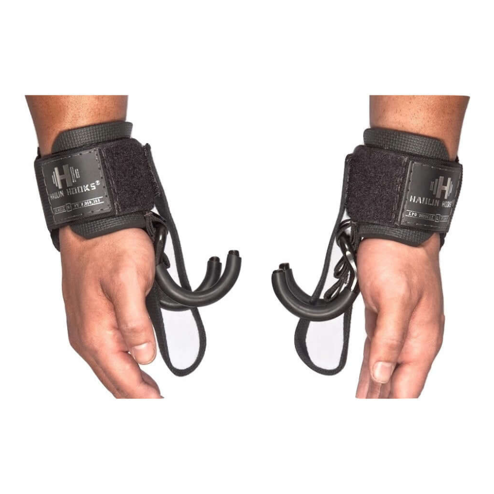 Close-up of two hands wearing HAULIN HOOKS 'HARDCORE' 2 in 1 weightlifting hook straps, offering unmatched support for deadlifts.