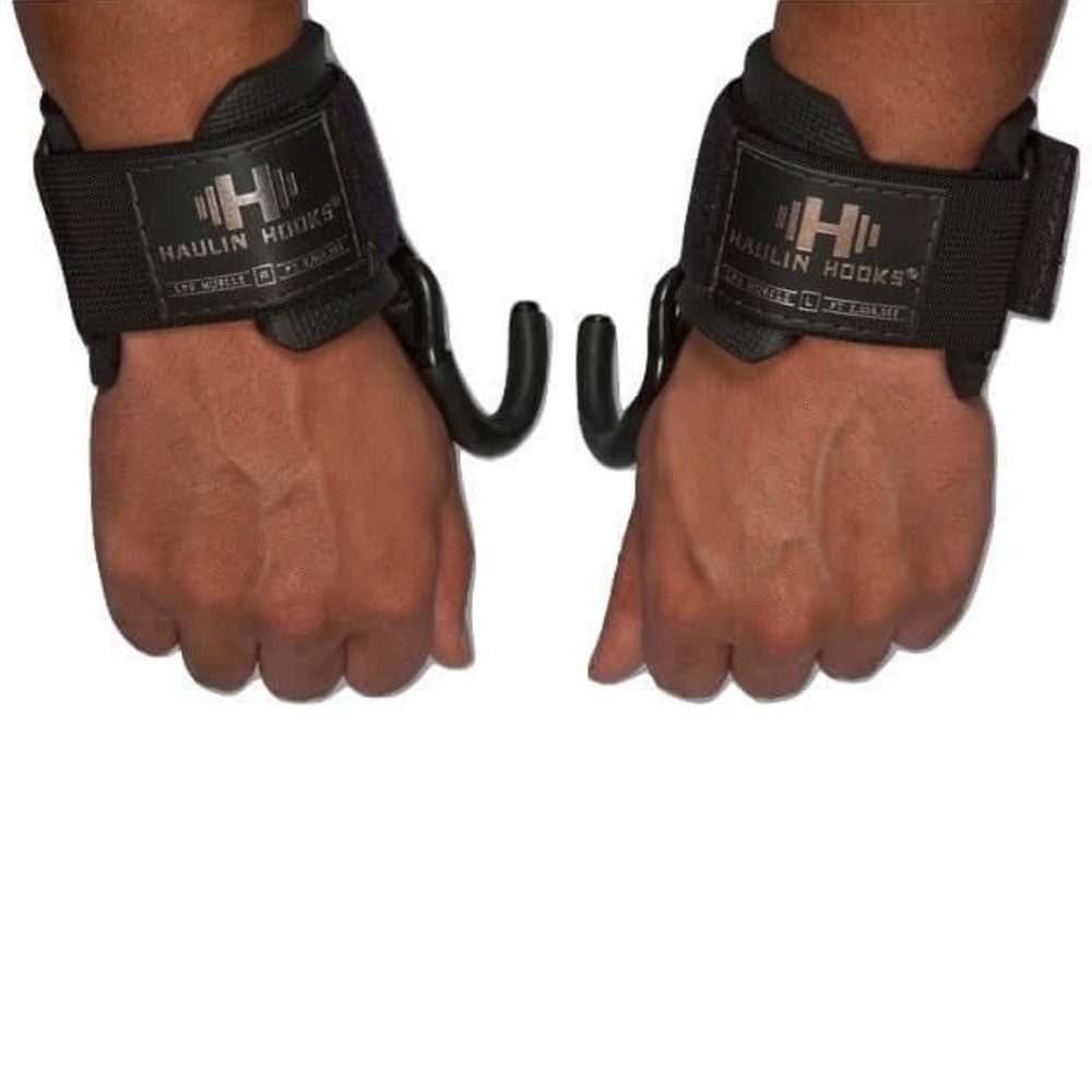 Hands wearing HAULIN HOOKS 'HARDCORE' 2 in 1 Weightlifting Hook Straps, ideal for dead lifts, stand out against a crisp white background.
