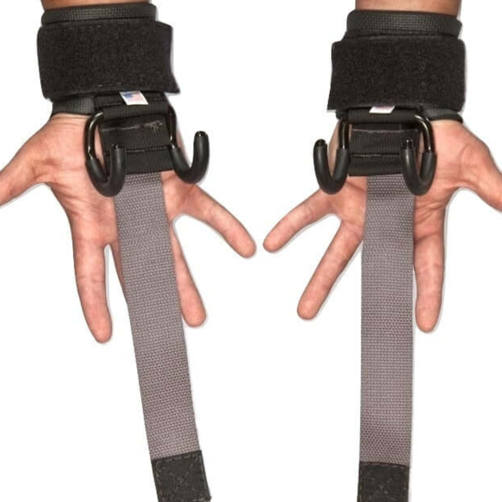 Two hands wearing HAULIN HOOKS 'HARDCORE' 2 in 1 Weightlifting Hook Straps are positioned palms up against a white background.