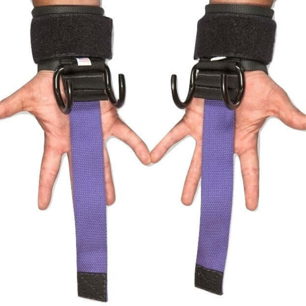 With wrist straps secured and HAULIN HOOKS extended, HAULIN HOOKS 'HARDCORE' 2 in 1 Weightlifting Hook Straps Combination in purple is ideal for improving grip during deadlifts.