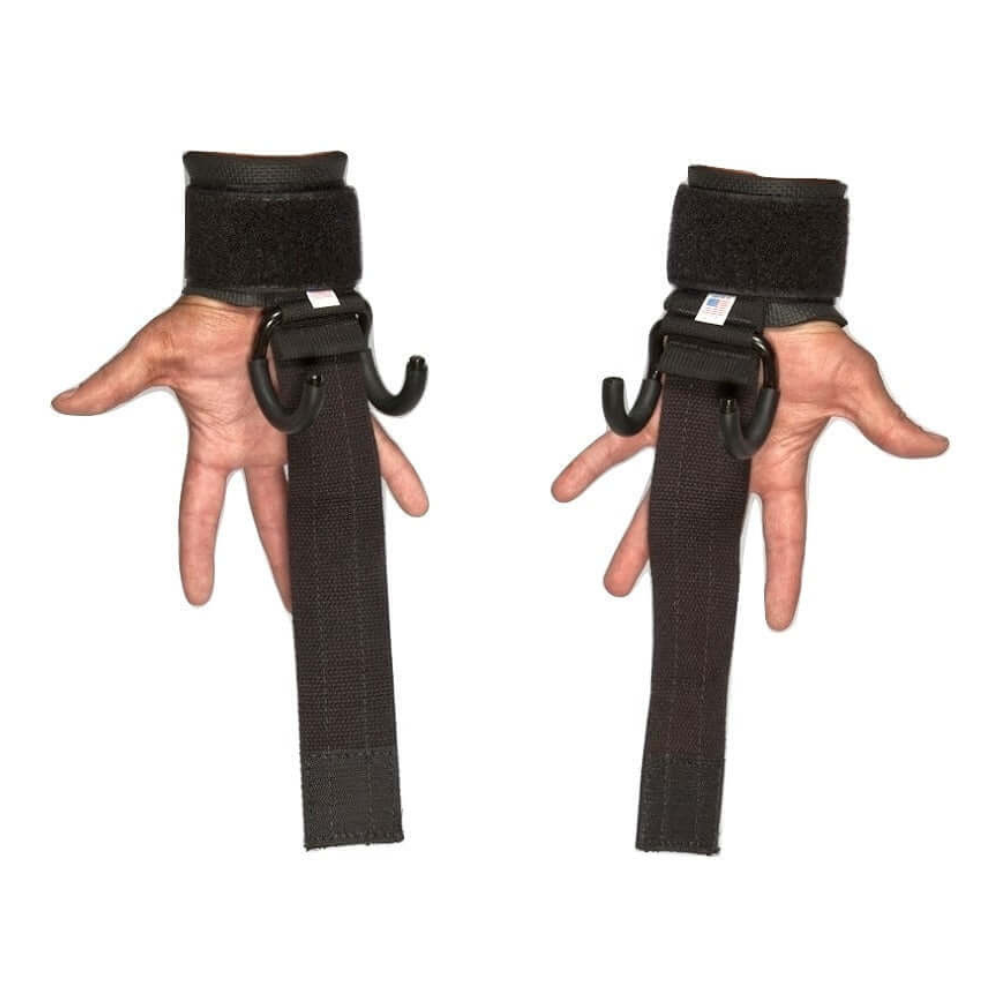 Hands wearing HAULIN HOOKS 'HARDCORE' 2 in 1 Weightlifting Hook Straps Combination, expertly positioned to grip weights for deadlifts.