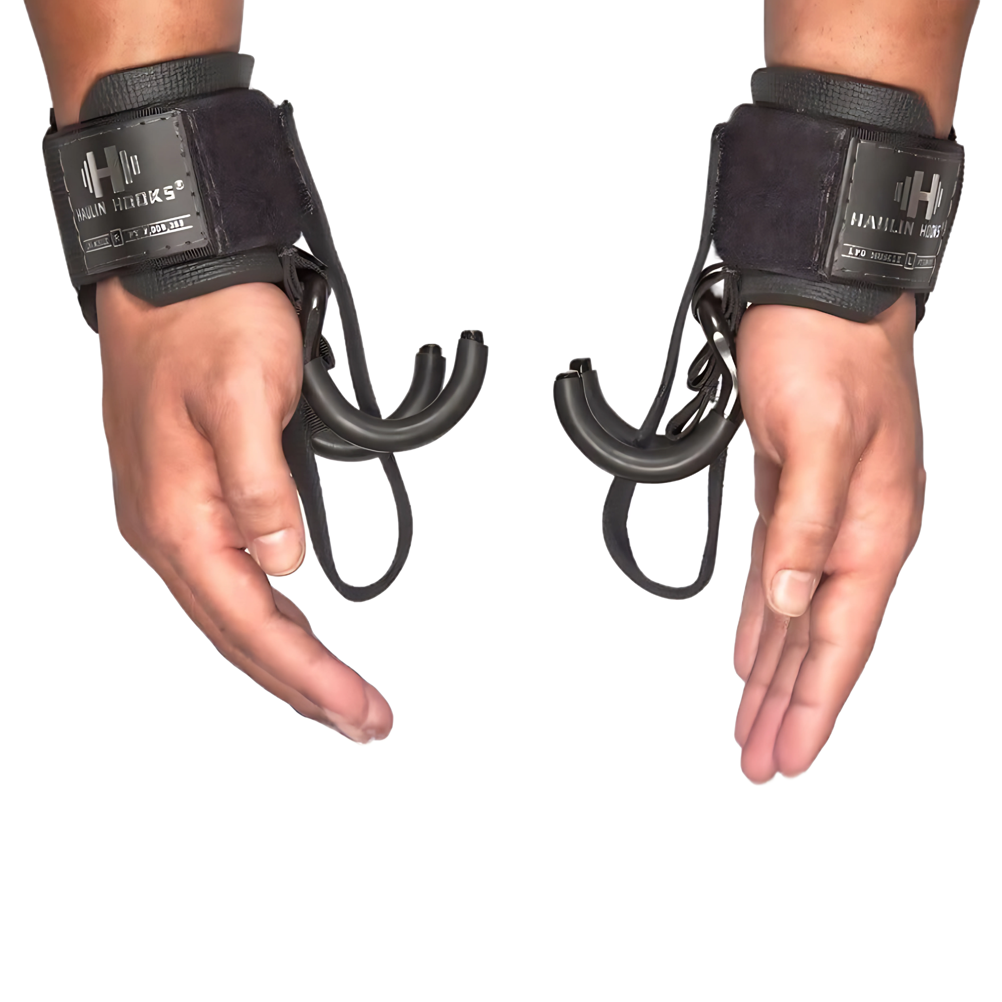 Two hands wearing HAULIN HOOKS 'ORIGINALS' Hooks for Weightlifting Extreme, palms facing inward.