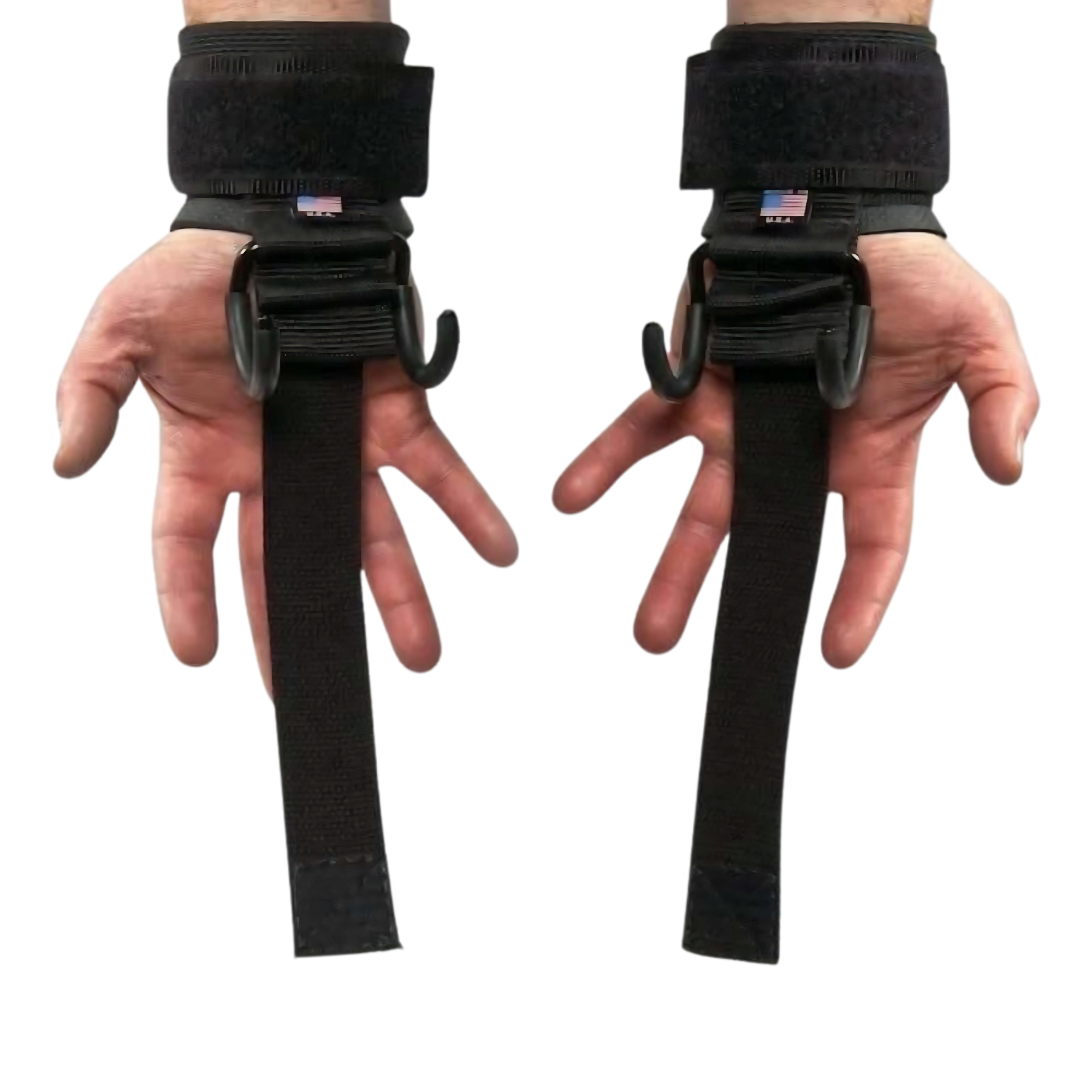 Two hands wear HAULIN HOOKS 'ORIGINALS'—black strapped, downward-facing hooks designed for extreme grip and support during deadlifts and weightlifting.