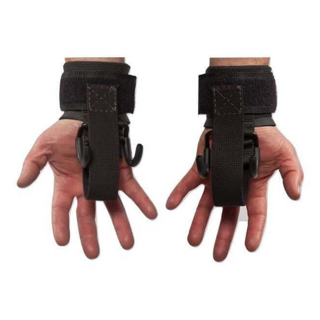 Two hands using HAULIN HOOKS 'ORIGINALS' for safe and strong weightlifting—black lifting straps with hooks for deadlifts, featuring neoprene wrist protection. This 2-in-1 solution ensures exceptional support during workouts.