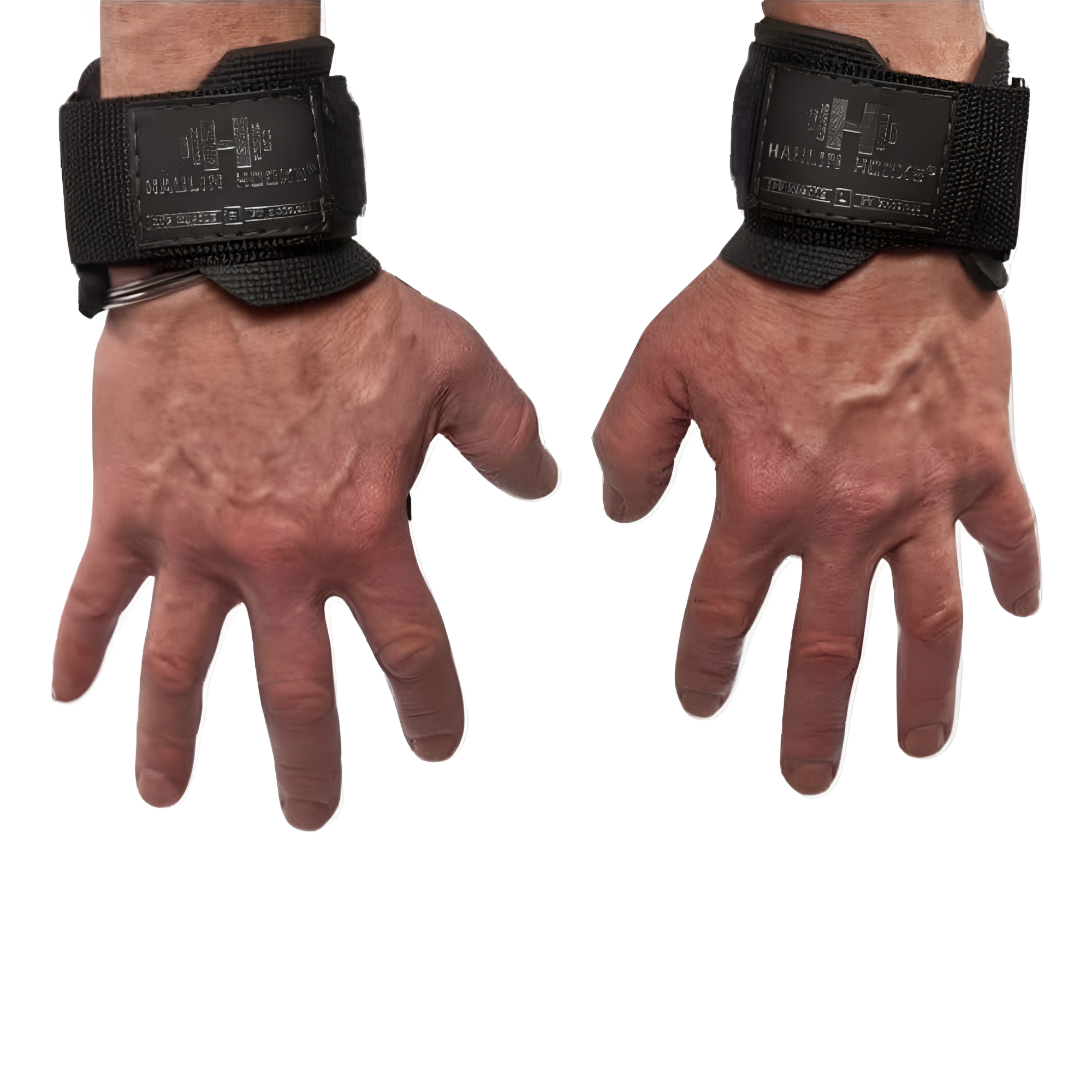 Two hands wearing HAULIN HOOKS 'ORIGINALS' Hooks for Weightlifting Extreme, perfect for deadlifts, with palms facing down against a white background.